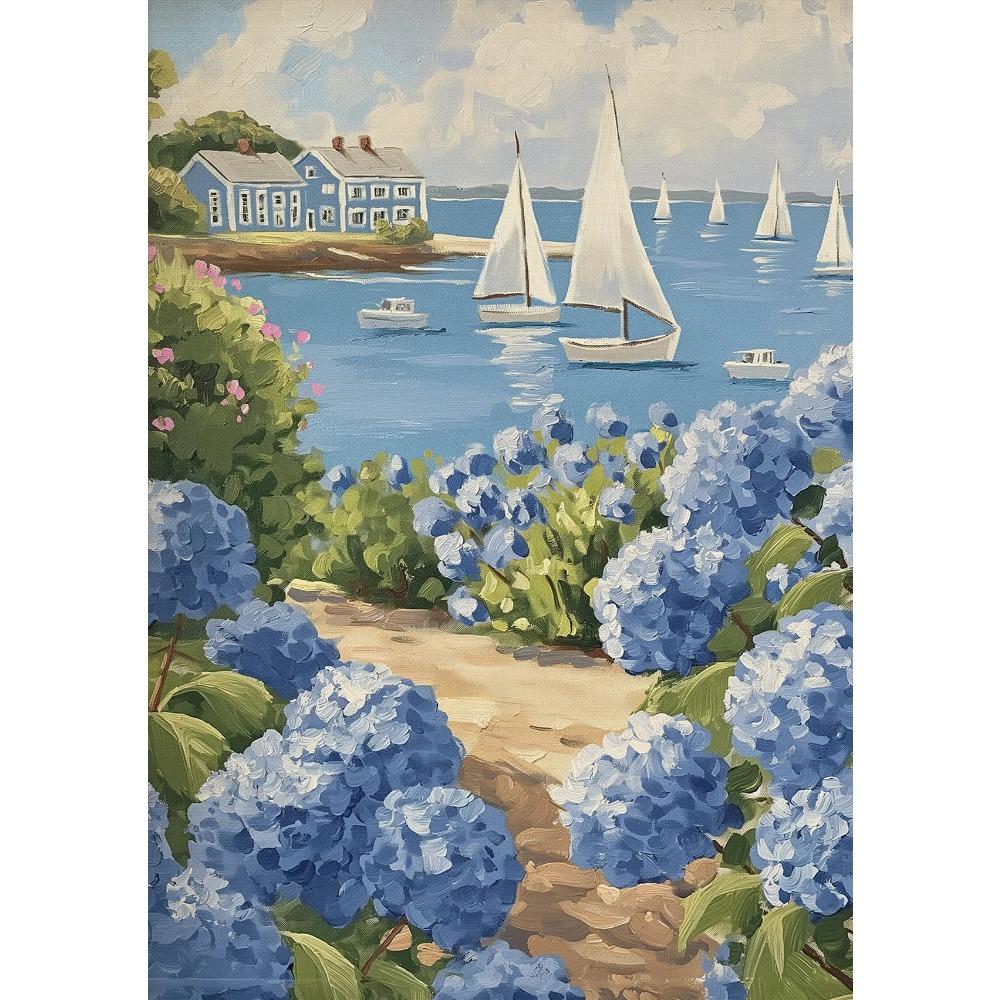 vintage Blue Coastal Beach  Sailboat Hydrangea Posters Prints Seashell Canvas Painting Wall Art Living Room Home Decor Cuadros 21X30CMNo Framed