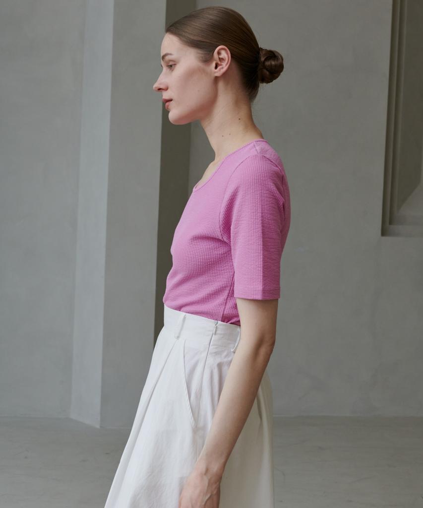 Owaiwai Ribbed U-Neck T-Shirt_Pink