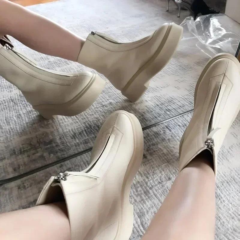 Female 2025 Autumn/Winter Front Zipper Leather Thick Sole Ankle Boots British Style Thick Heel Fashion Plush Women's Short Boot