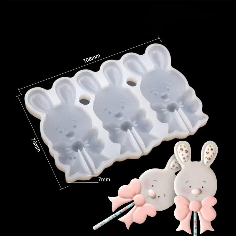 Easter Bunny Design Lollipop Silicone Mold Cute Bow Rabbit Chocolate Candy Mould Cake Decorating Tools for Easter Cupcake Cookie