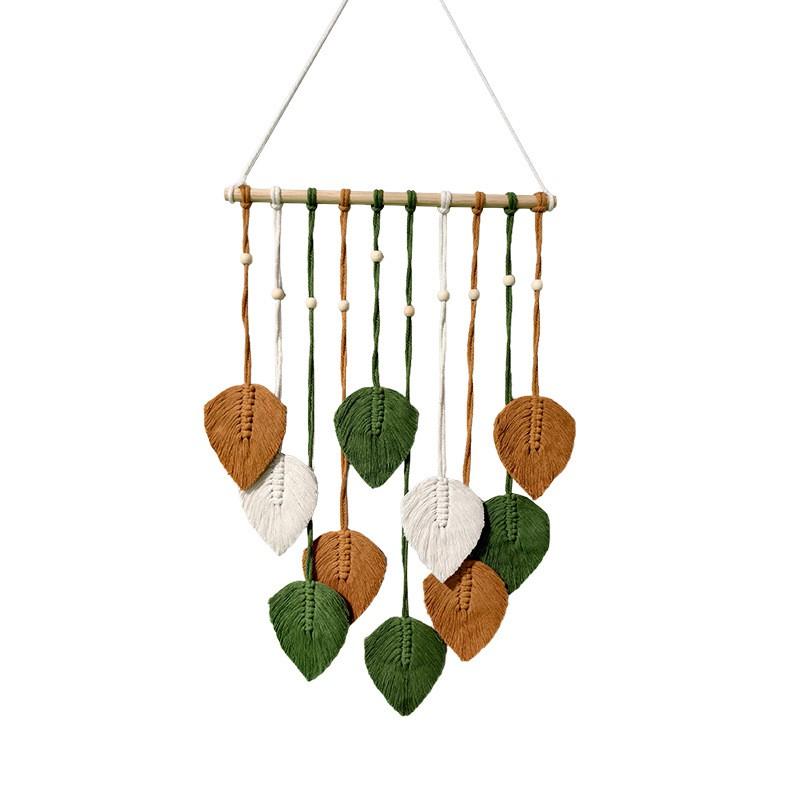 Boho Cotton Wall Hanging Tapestry With Wooden Stick Leaf Motif Living Room Bedroom Decor