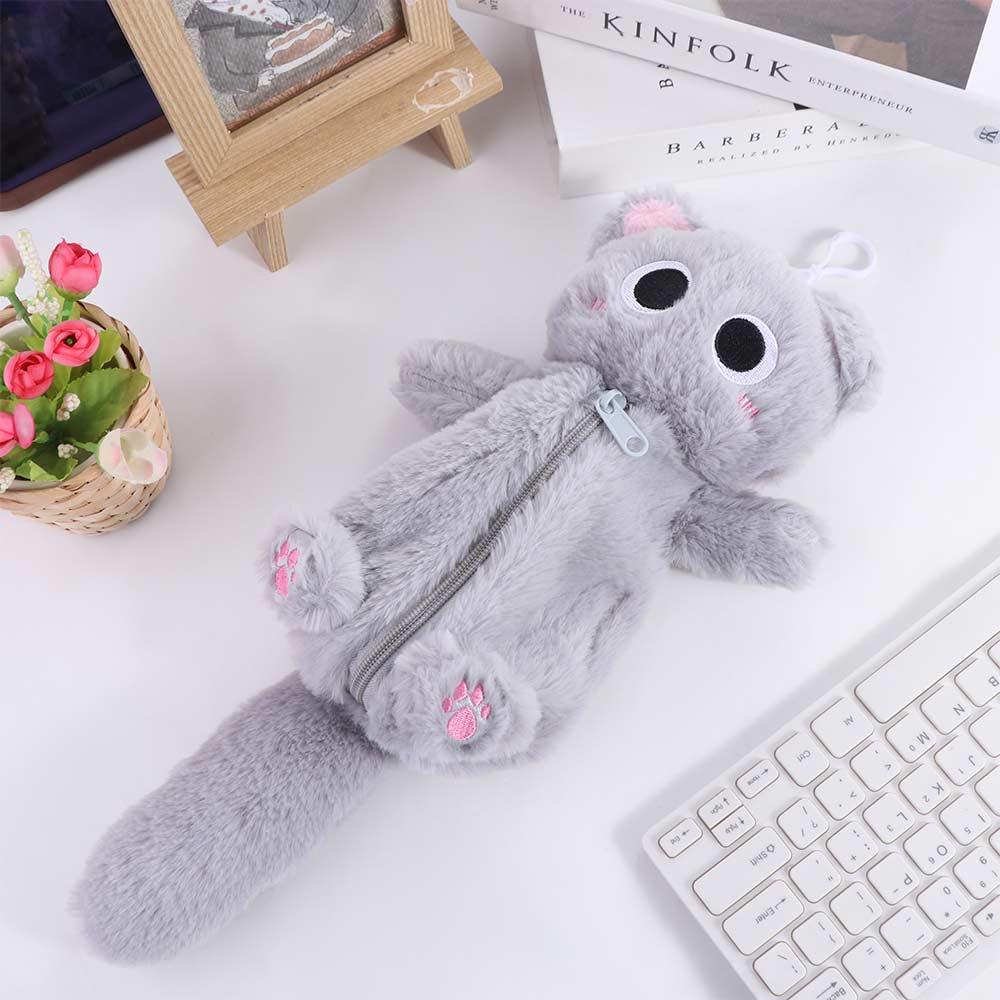 Large Capacity Gray Cat Pencil Bag Thicken Kitten Stationery Bag Cute Kitten Pencil Case  Kids Gift