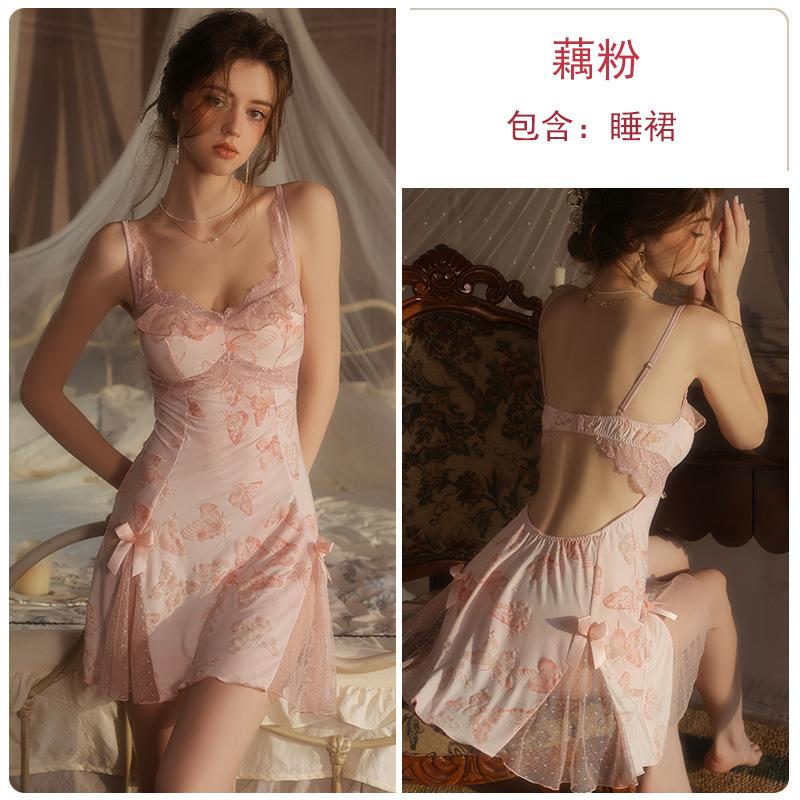 

Smooth ice silk butterfly print underwear deep V gathering plus chest pad temptation nightdress robe set QJ L