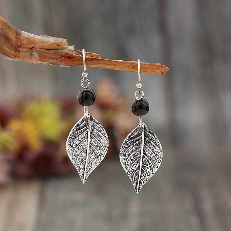 Orecchini Pendenti Vintage Argento Bohemia Intaglio Foglia Fiore Pietra Nera Metallo per Donne
