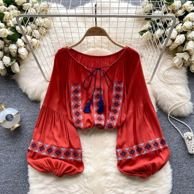 Retro Ethnic Style Lantern Sleeve Shirt Tassel Embroider