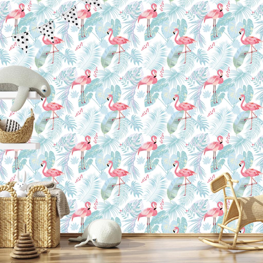 Flamingos and exotic leaves wallpaper in pastel 50x1000
