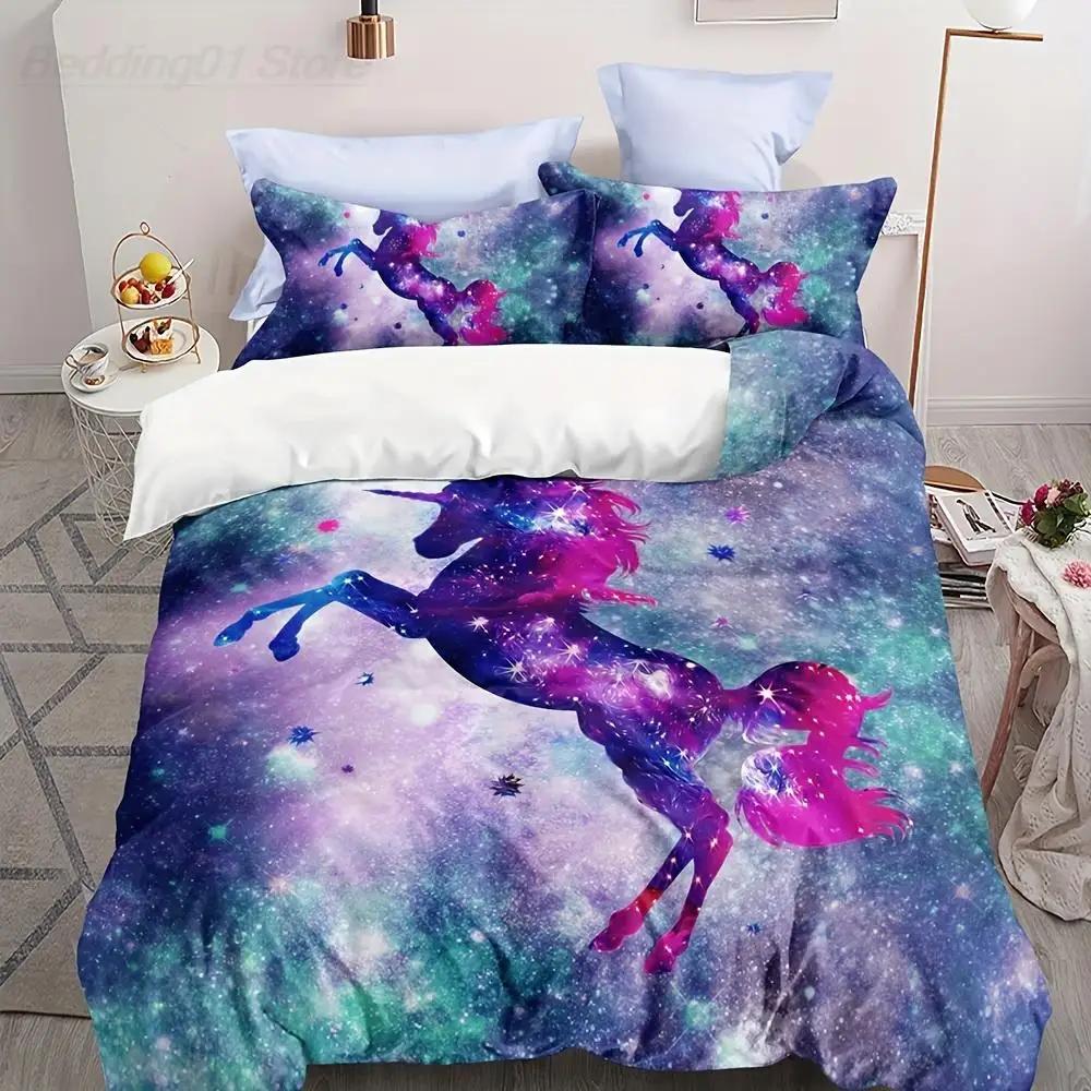Rainbow Unicorn Duvet Cover Set Queen Size Glitter Rainbow Unicorn Bedding Set for Girls Teens Rainbow Unicorn Comforter Cover