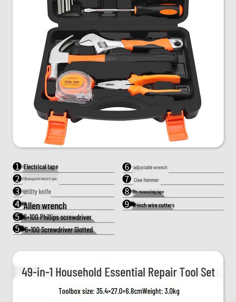Household Repair Tool Set - Includes Pliers, Hammer, Wrench, and Combination Box