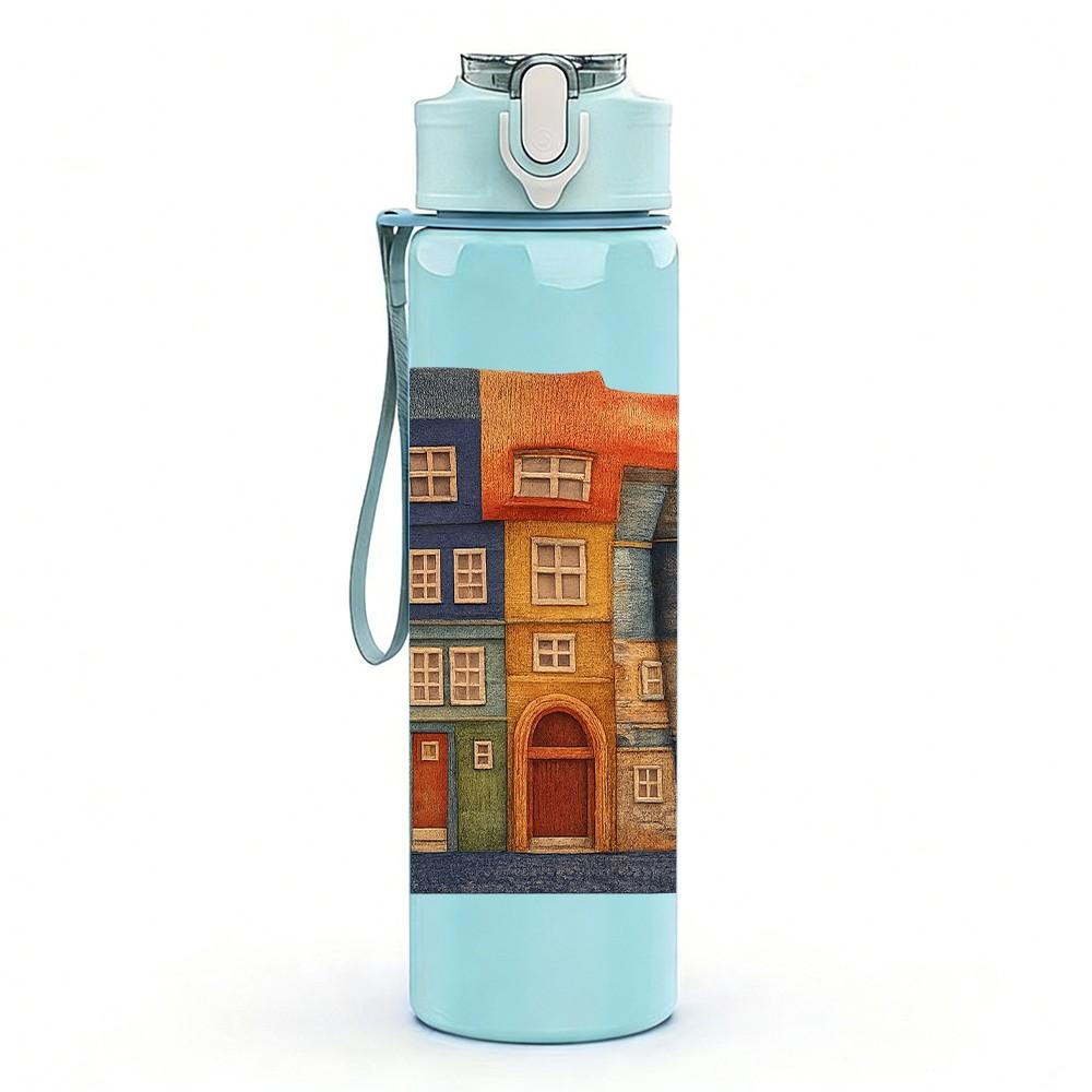 1PC Old Colorful European Town House Print 750ml Color Plastic Sports Water Bottle Leakproof Flip Straw Lid Suitable for Sports Office Home Use