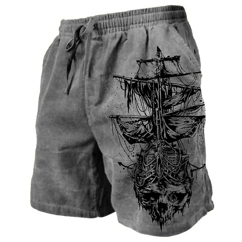 Men's Vintage Shorts Beach Shorts  Street Drawstring Elastic Waist 3D Print Ship Skull Breathable Short Daily Shorts