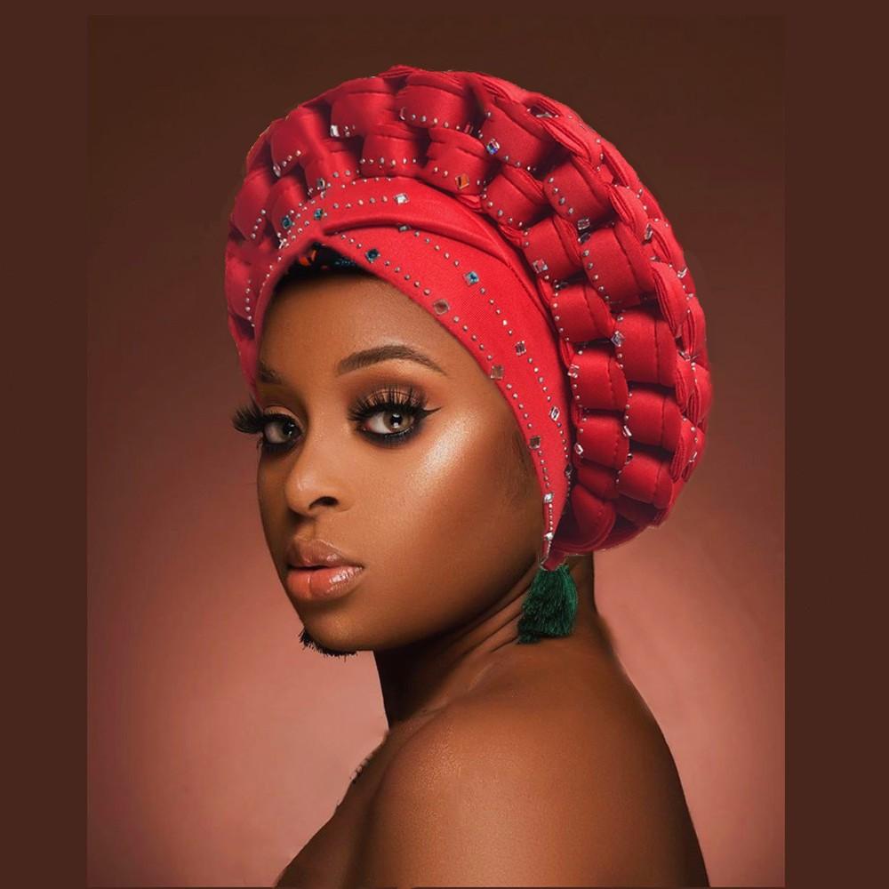 Muslim Headscarf Adjustable Layered Braided Hat Rhinestone Auto Gele Indian Style Breathable Four Seasons Polyester 56cm-58cm красный