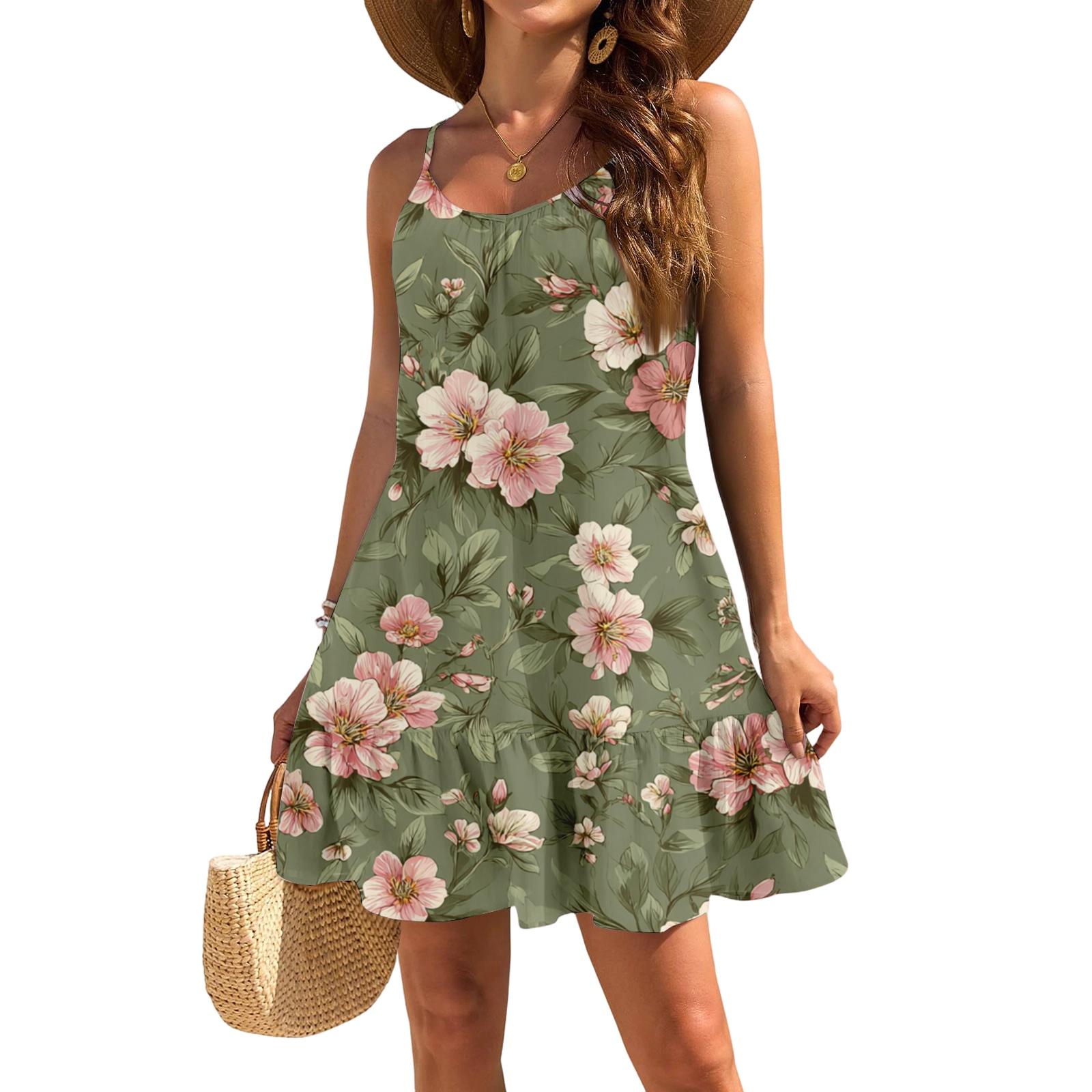 

Женское летнее платье без рукавов на бретельках, свободное, повседневное, элегантное, с цветочным принтом, для пляжа L армия зеленый