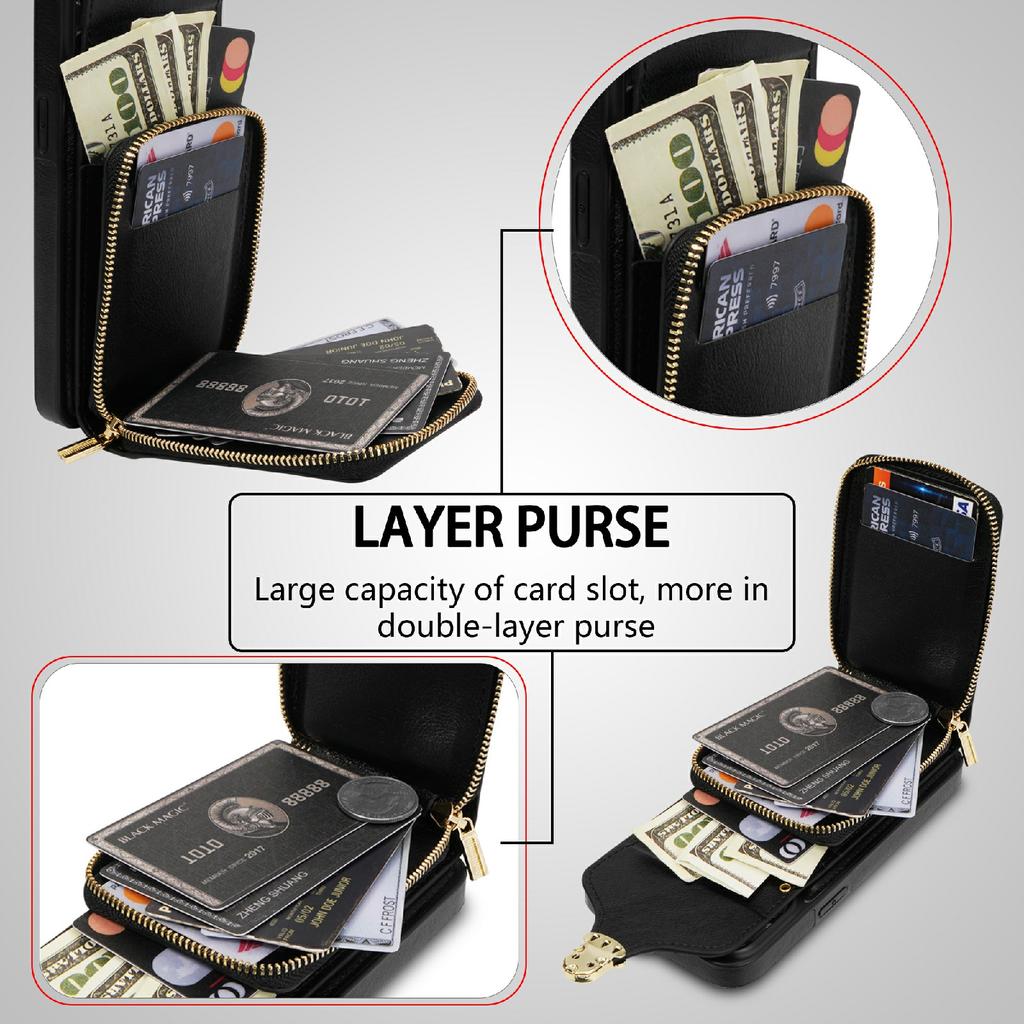For iPhone 11 6.1 inch PU Leather Coated TPU Card Slot Phone Case Kickstand Crossbody Zipper Cover