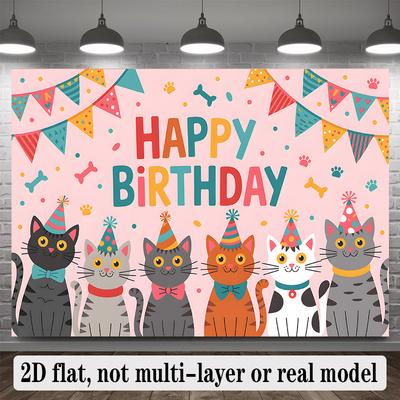 Happy Birthday Cat Theme, 1pc Polyester Party Backdrop Banner, Photo Booth Background, Wall Decor