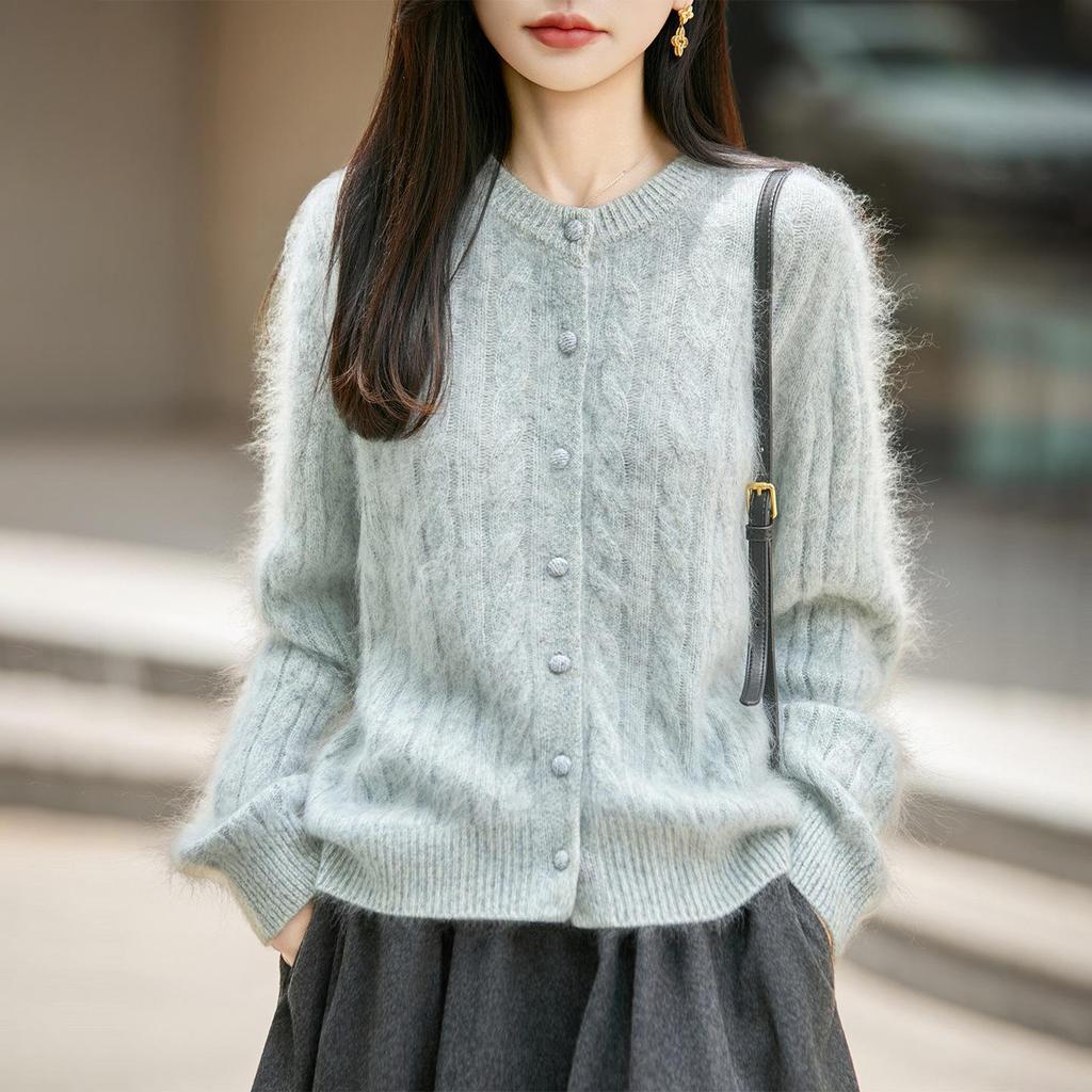 2026 Autumn/Winter Women's Cashmere Wool Cable Knit Cardigan - Brushed Yarn, Round Neck, Long Sleeve Sweater