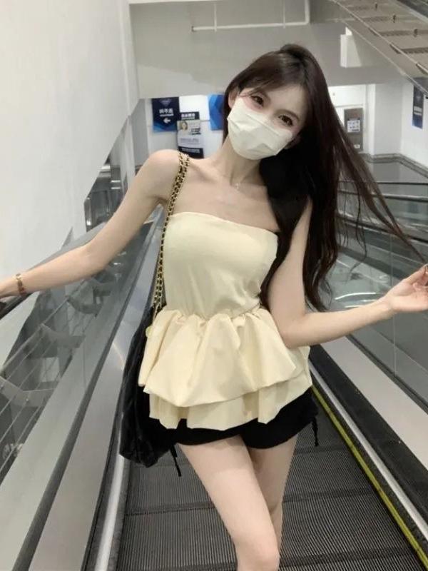 Chic Off-Shoulder Puffy Bandeau Top - Women's Summer 2026 Sleeveless Ruffle Blouse
