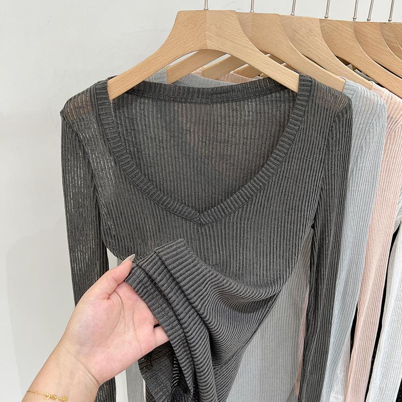 

Трикотажная футболка с V-образным вырезом для женщин на весну и осень, новый стиль для женской внутренней нижней рубашки с текстурным дизайном в виде полосок под мышками, тонкий топ XL серый