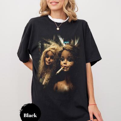 Doll Smoking T-Shirt, Dark Aesthetic Tee, Scary Doll Style Graphic, Spooky Vintage Doll Shirt