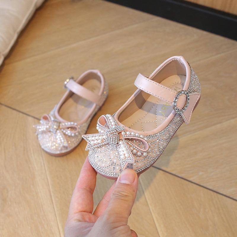Toddler Rhinestone Pearl Bow Decor Magic Tape Glitter Mary Jane Princess Shoes 21 розовый