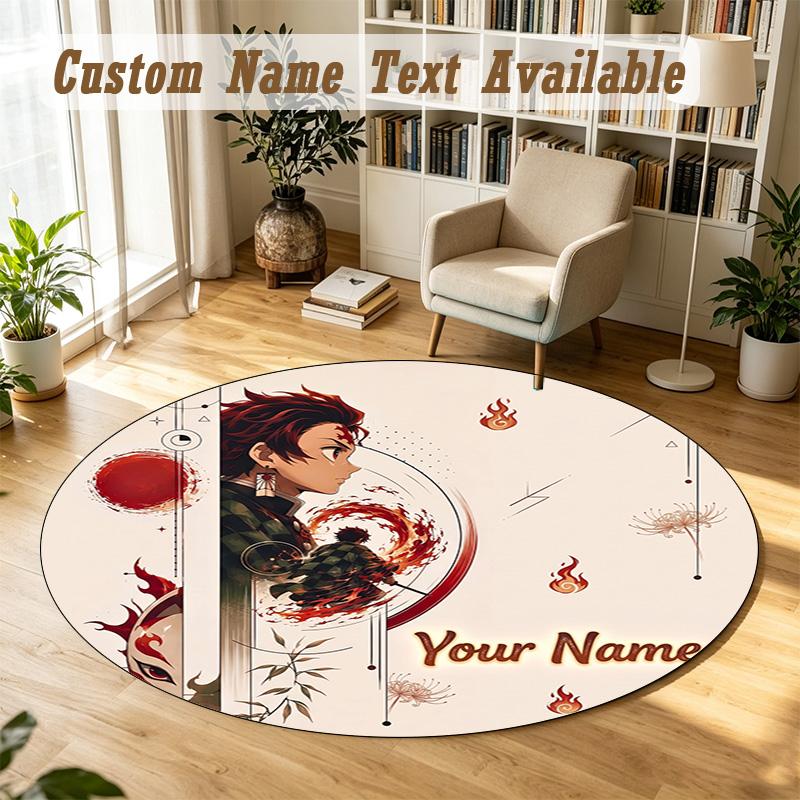 Round Rug Custom NameDemon Slayer Pattern Non Slip Carpet Home Floor Decor