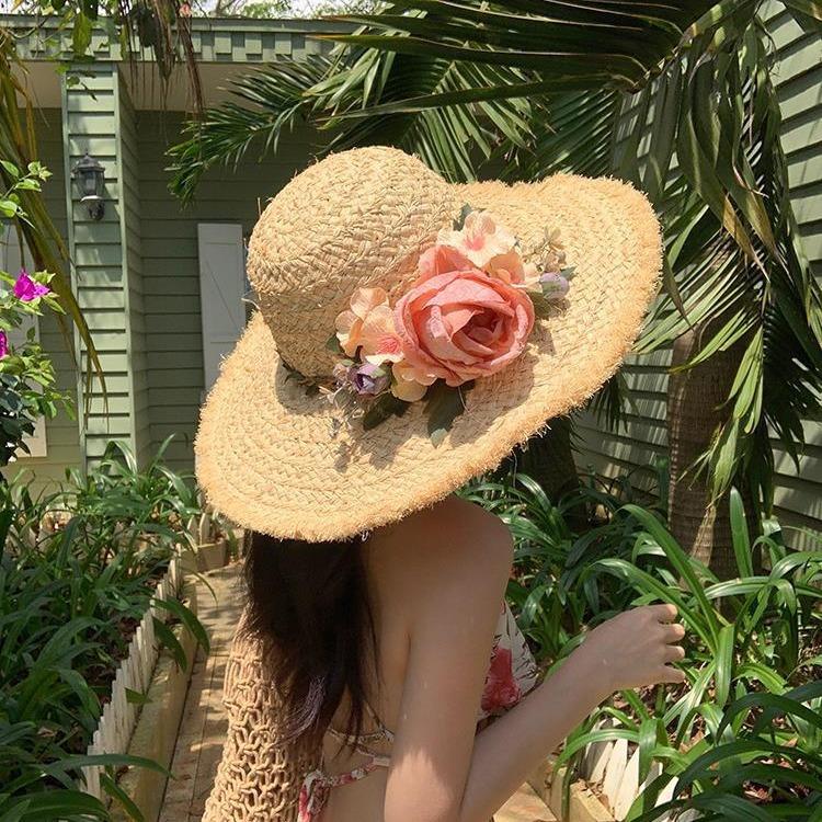 Chapéu de Sol Tecido à Mão com Flor de Grama Para Passeios de Verão de Mulheres na Praia, Com Aba Larga e Chapéu de Sol Respirável