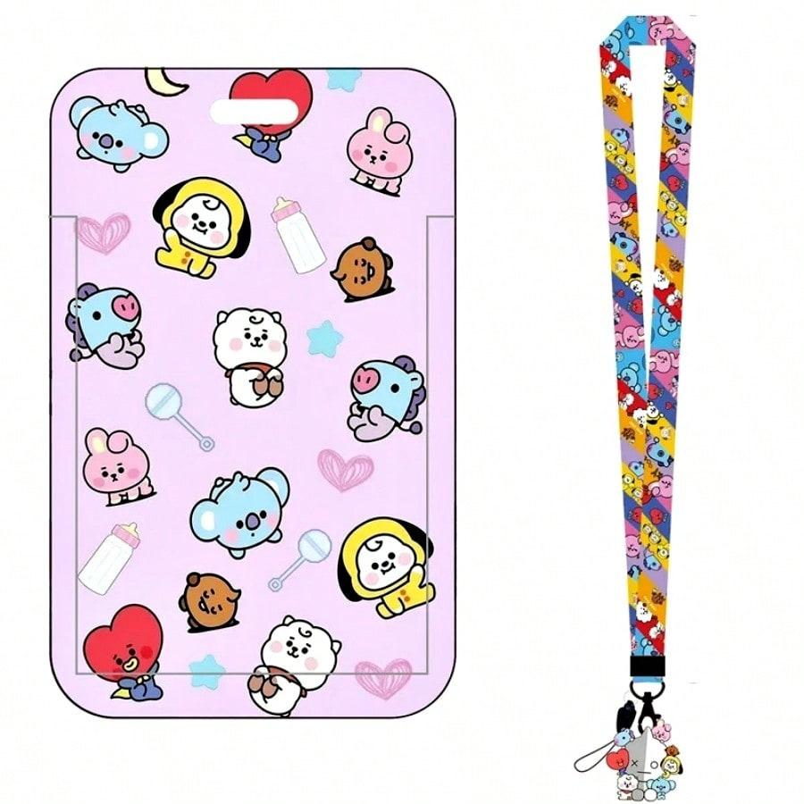 

LINE FRIENDS BT21 Kpop Anime Cartoon Lanyard Key Ring with ABS Card Holder for Meal Cards Transit Cards and ID Cards