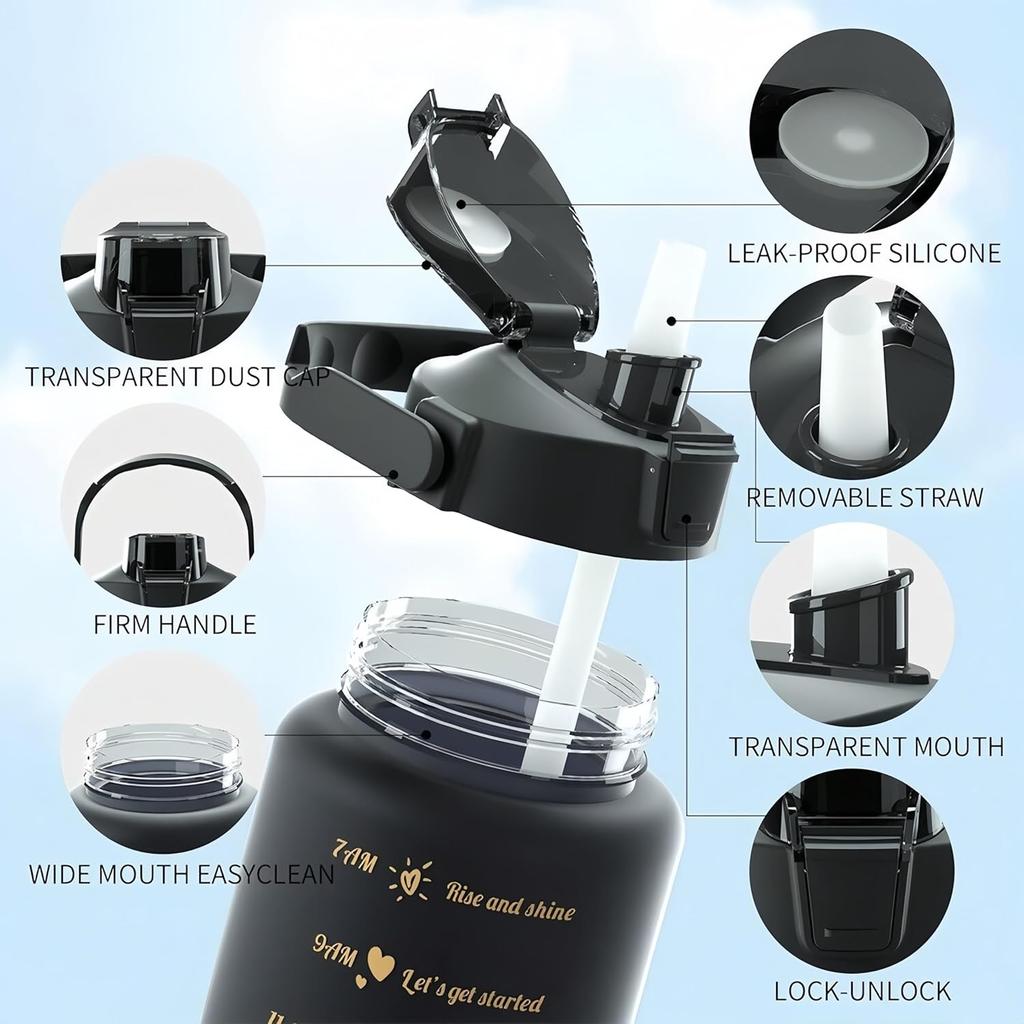 3Pcs Set Sports Water Bottles with Straw 9oz/25oz/64oz BPA-Free Durable and Leakproof Cups with Time Marker for Gym Travel Home