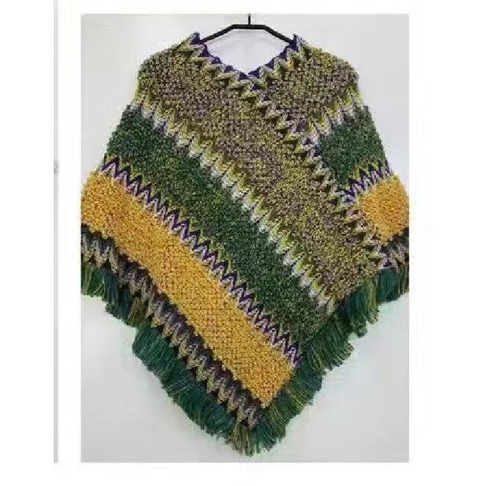 Dámský pulovr s cikcakovým úpletem a třásněmi, šál, podzimní hippie měkký háčkovaný šál, asymetrická šála