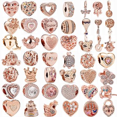 Original Rose Gold Sparkling Heart Lock Key Pendant Beads Charm Fit Fashion Charms Silver Color Bracelets Women Diy Jewelry
