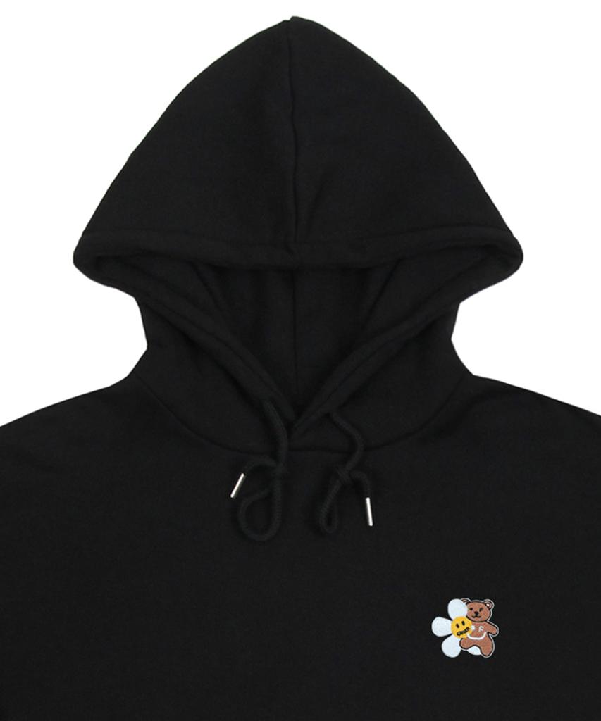 [Unisex] Flower Bear Embroidered Smile Hoodie_Black