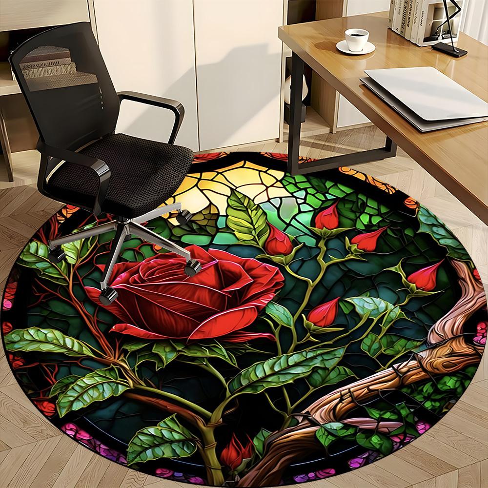 1pc Stained Glass Rose Chair Carpet for Office Non-Slip, Machine Washable Rug for Office - Holiday DecorMachine Made yy251029113