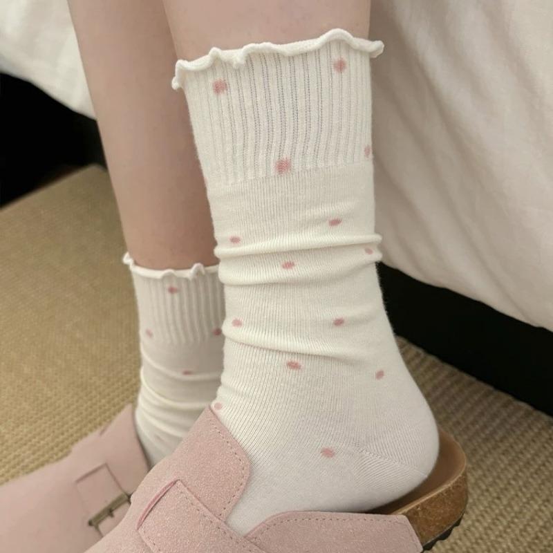 Women's Summer Thin Ballet-style Wooden Ear Side Polka Dot Long Tube Pile Socks