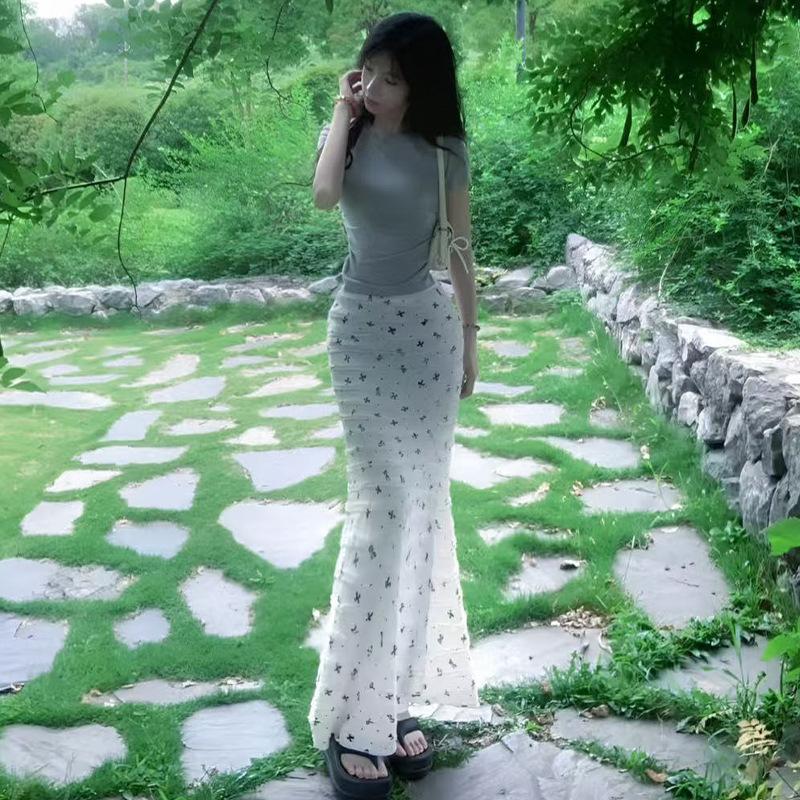 

Белая юбка с цветочным принтом и бантом для женщин Новая летняя юбка с высокой талией, облегающая бедра, юбка-годе, длинная юбка L