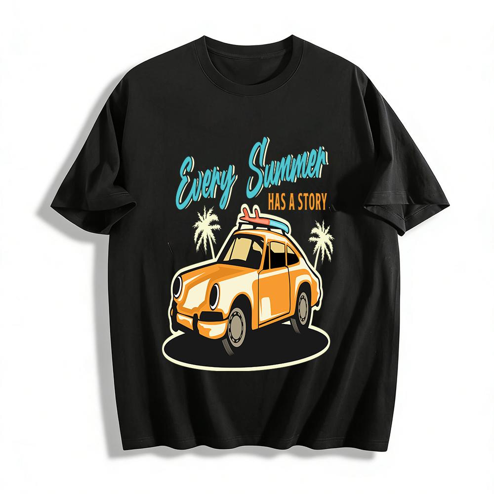 

Vintage Summer Story Surf Car Print Casual Short Sleeve Pure cotton T-shirt XXS