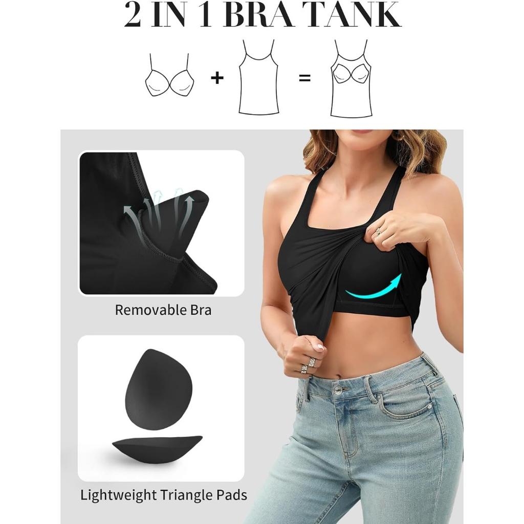 Chamleaks Women's Tank Top with Built In Bras Adjustable Wide Strap Padded Camisole Summer Cami Shirts