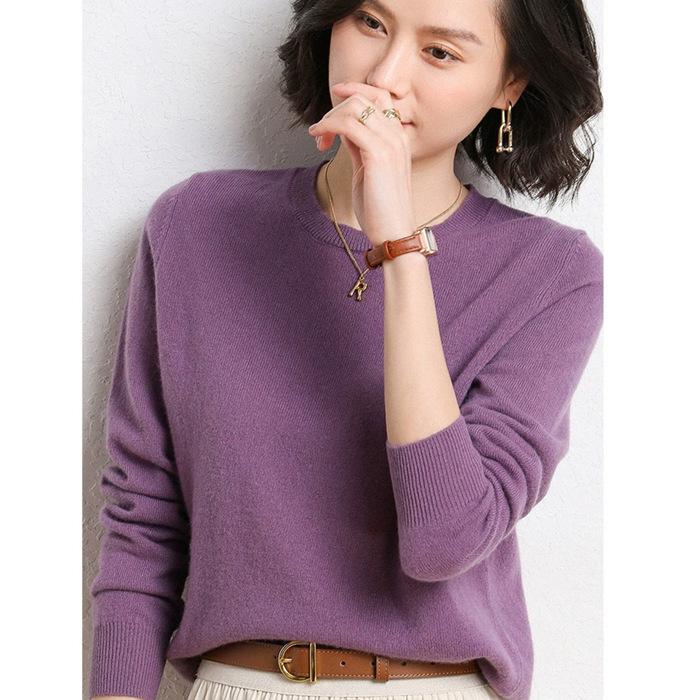 QICED Spring and Autumn Women's Pullover Knitted Sweater, Round-neck Solid Color, Fashionable and Simple Long-sleeved Base Layer