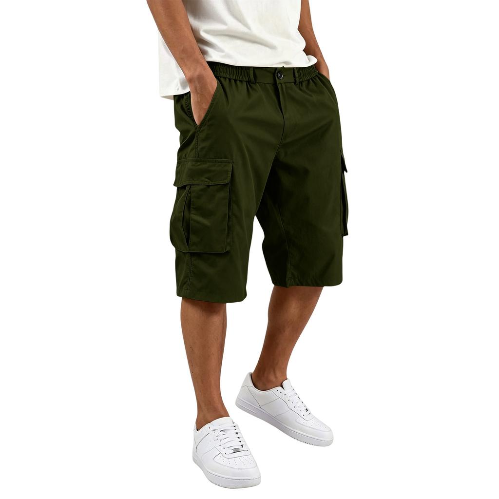 Herren Farbknopf Elastischer Bund Cargoshorts mit 6 Taschen für die Arbeit im Freien