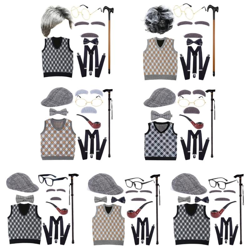 100 Days Of School Halloween Grandpa Costume Set Old Man Costume Set Hat Glasses Mustache and Eyebrows for Kids Boys