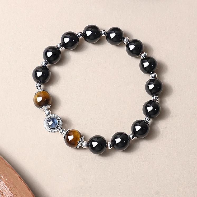 

Natural obsidian bracelet for both men and women, new Chinese style yellow tiger eye traditional Chinese culture bracelet, light luxury gift Obsidian10mm-s925Silver a