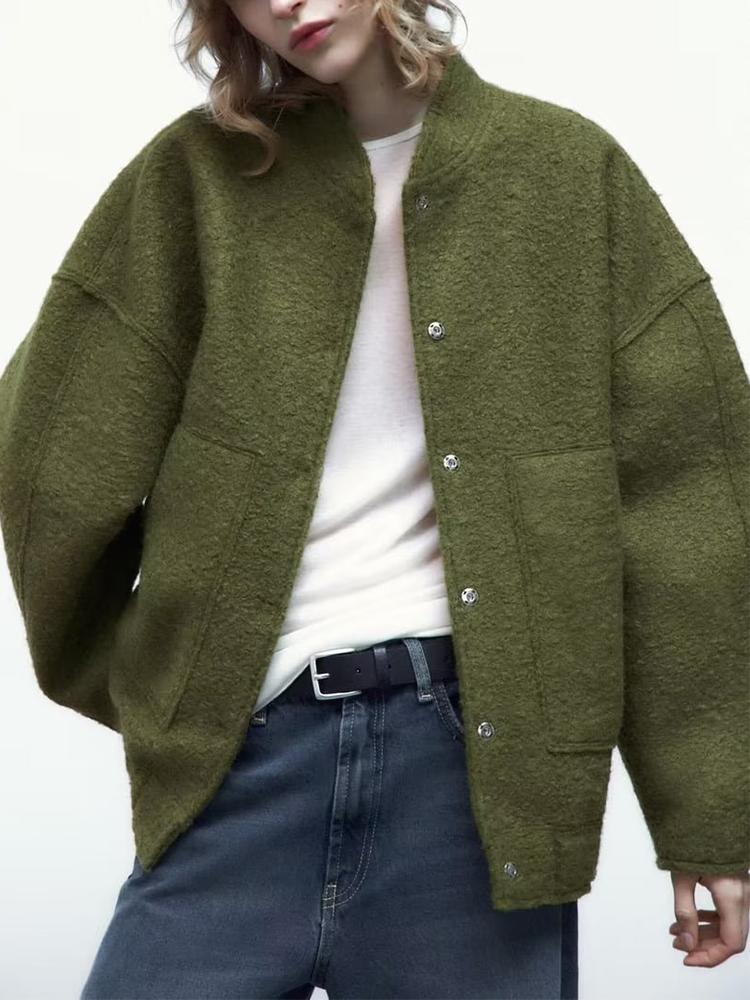 Fashion Solid Bombers Jacken Mantel Frauen Lose Outwear Mit Knopf Langarm Tops Grau Frühling Casual Weibliche Tasche Jacke Ins