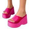 Thick Bottom Slope Heel One-word Slippers Women's High Heel Solid Color Cloth Surface Beach Cool Slippers Slippers