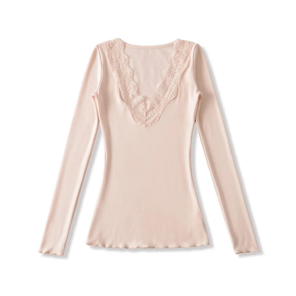 Women's V Neck Long Sleeve Lace Trim Top Slim Fit Solid Color Casual Sexy Pullover