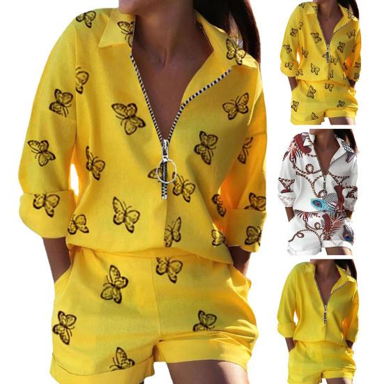 2 Pcs/Set Shirt Shorts Suit Zipper Lapel Loose Printed Long Sleeve Casual Soft Pockets High Waist Lady Top Shorts Set