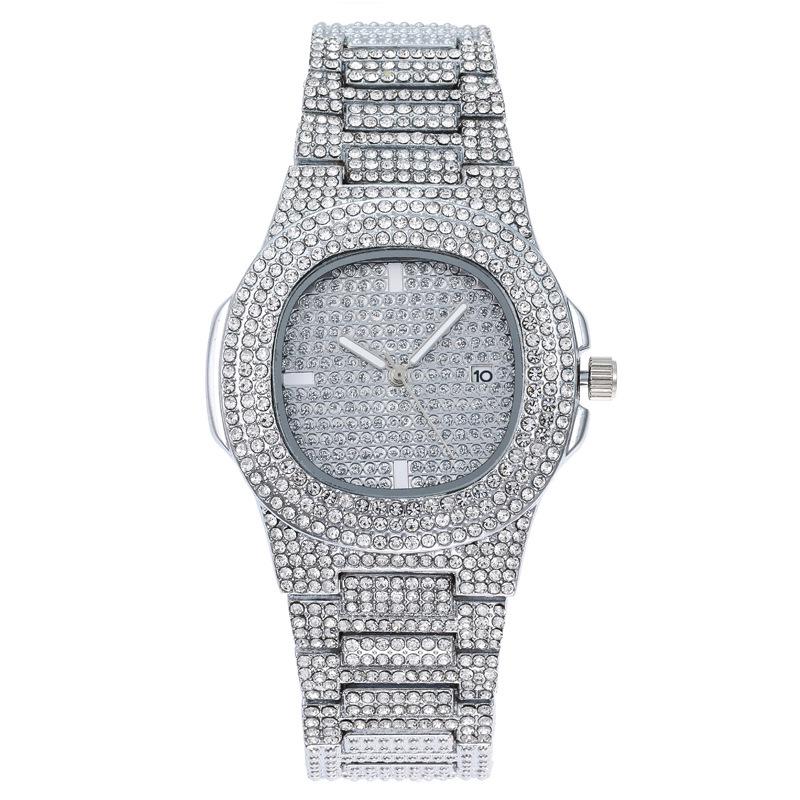 Luxury Unisex Full Diamond Steel Band Quartz Wristwatch with Calendar
