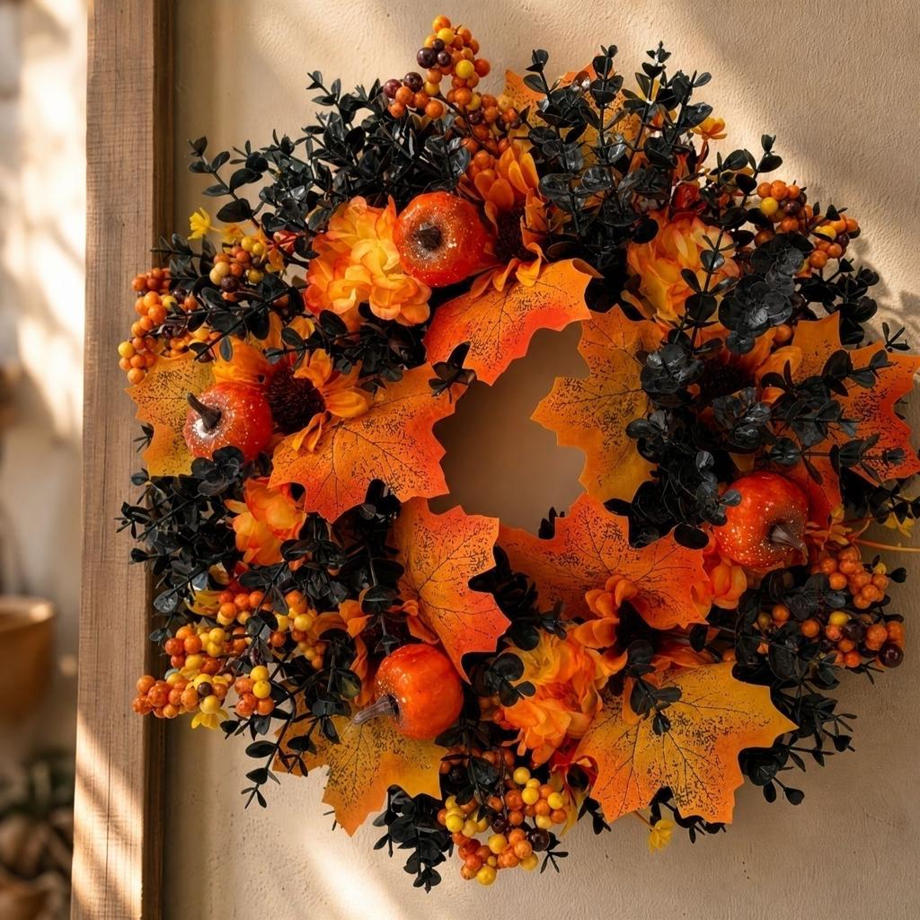 Artificial Fall Wreath 40 cm with Pumpkins, Berries and Maple Leaves for Thanksgiving Front Door Decoration