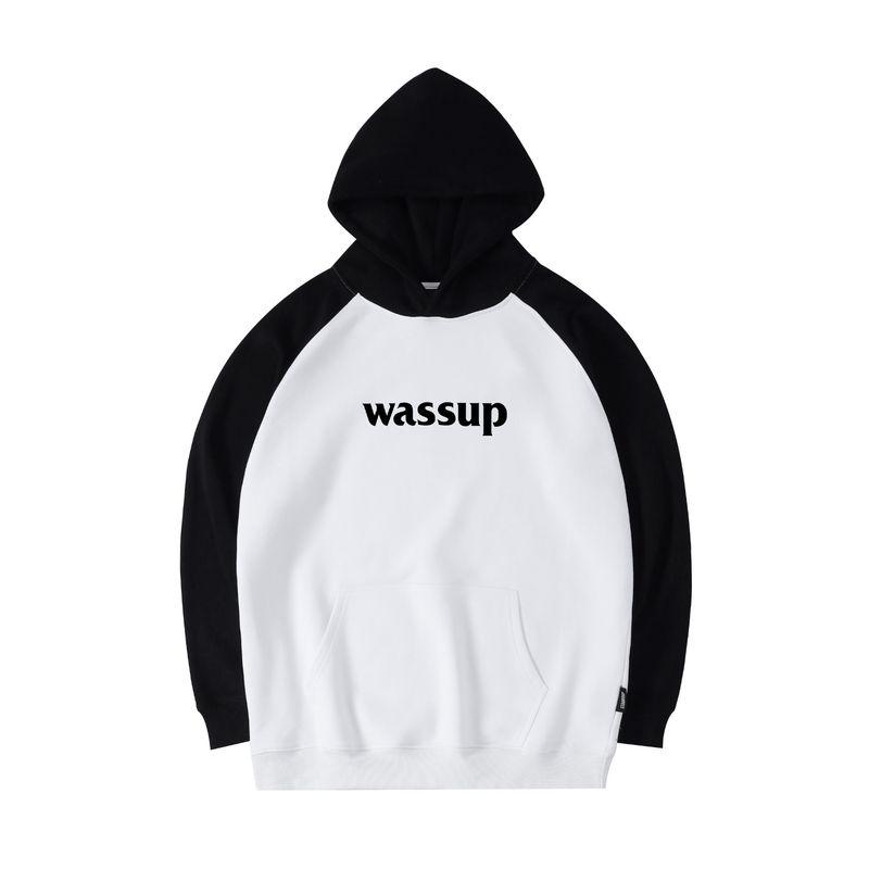 

Wassup Heods Raglan Sweatshirt for Men and Women, American Style Heavyweight National Trend Brand Ins Hoodie Pullover for Spring and Autumn Black and White 3XL