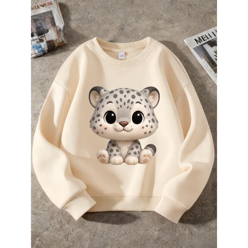 Kids Unisex Pink Crewneck Sweatshirt, Cute Cartoon Snow Leopard Print Long Sleeve Pullover, Soft Casual Sweatshirt for Boys Girls Over 4 Years Old