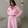Sportswear Women's Solid Color Long Sleeve Zippered Cardigan Hooded Sweatshirt Lace-up Trousers Two-piece Set
