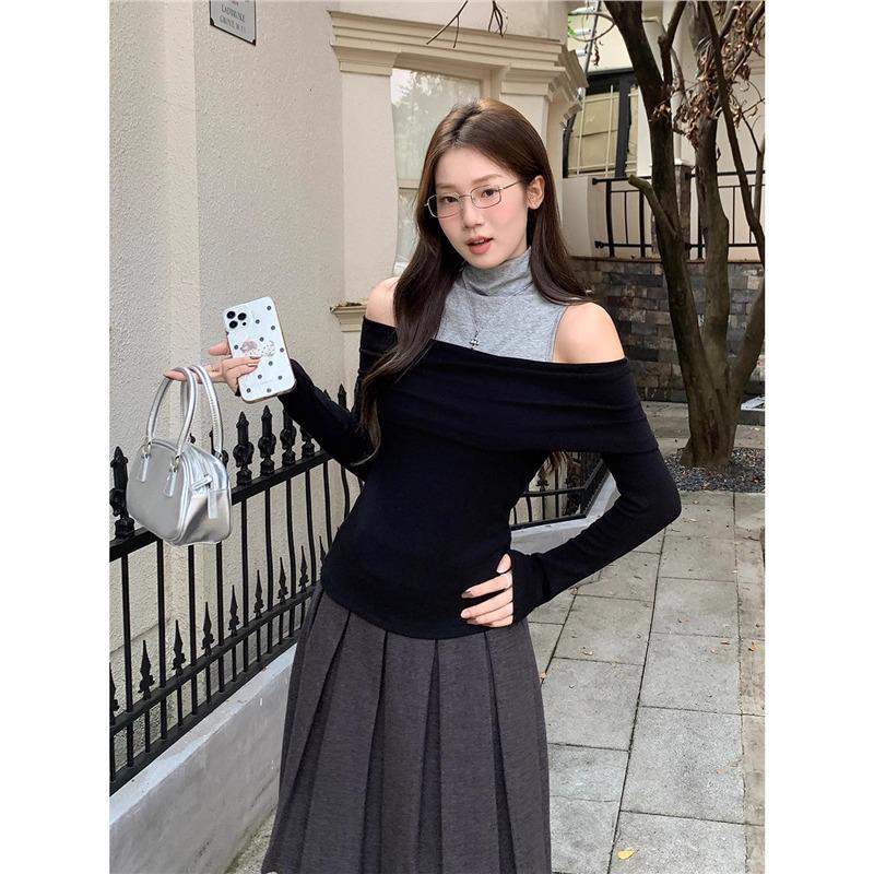 2025 Autumn Women's High Neck Off-the-Shoulder Long Sleeve Color Block Cropped Top, Slim Fit, Spicy Style