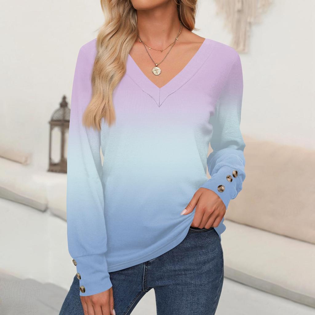 Women's Tops Floral Print Long Sleeve Shirt V Neck Casual Loose Tee Autumn Clothing